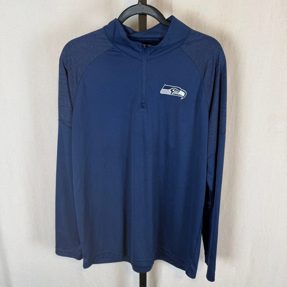 NFL Team Apparel Seattle Seahawks Mens Navy Blue Quarter Zip Pullover Large